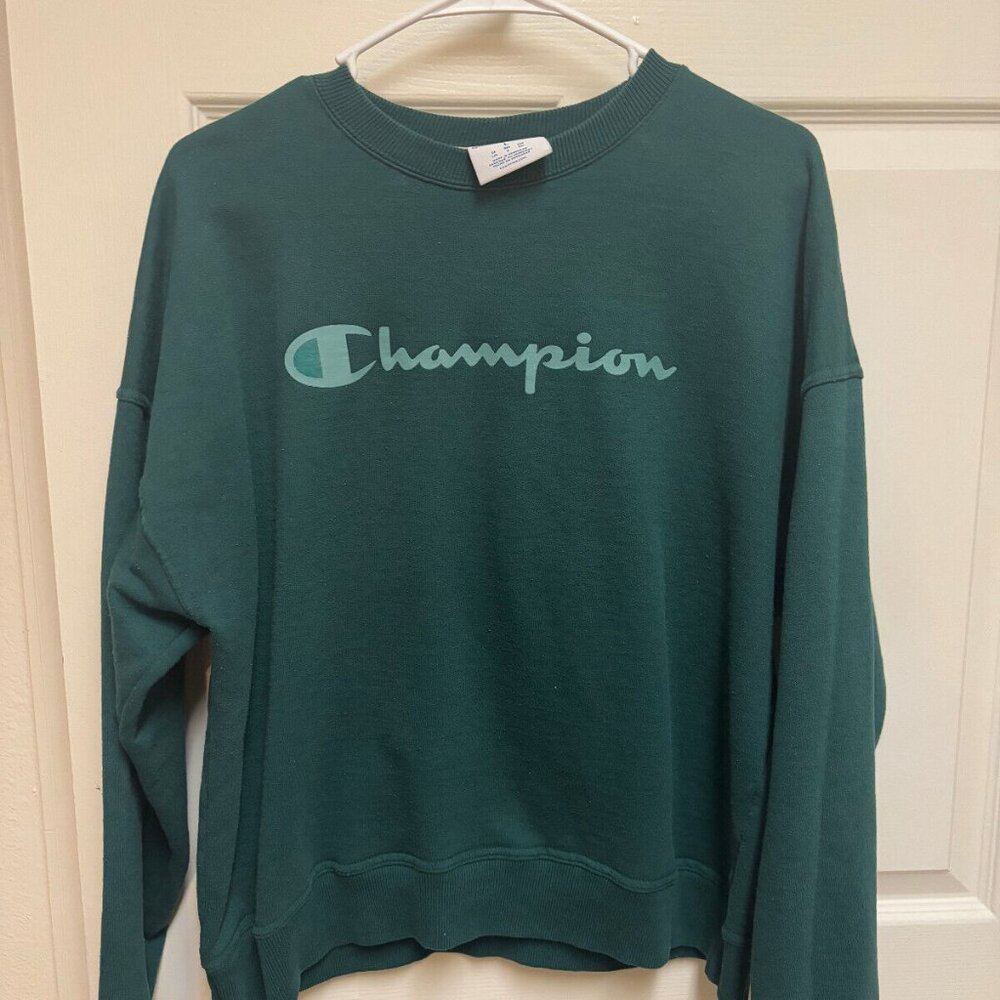 Champion Authentic Sweatshirt Womens Raglan Crew Neck Graphic Logo Green - Large